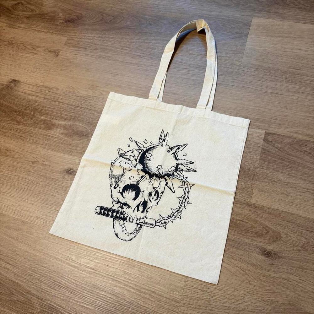 Graphic Canvas Tote Bag - Skull, Mace, & Chain Print Streetwear Carryall